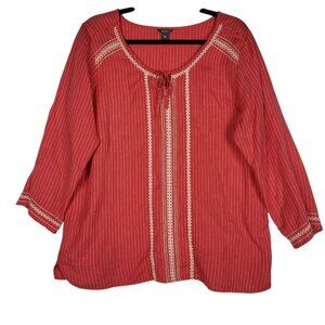 Eddie Bauer Linen Top Women's Large Coral Embroidered Boho Beachy‎ Striped